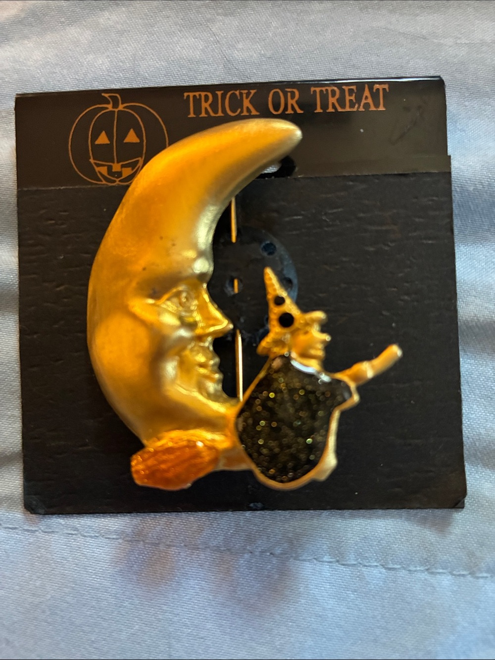 Gold Moon & Witch Halloween Brooch - Gold and Black